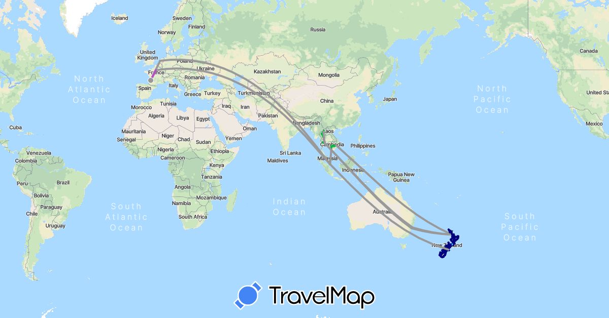 TravelMap itinerary: driving, bus, plane, train, hiking, boat, hitchhiking in Australia, France, Cambodia, Netherlands, New Zealand, Singapore, Thailand (Asia, Europe, Oceania)